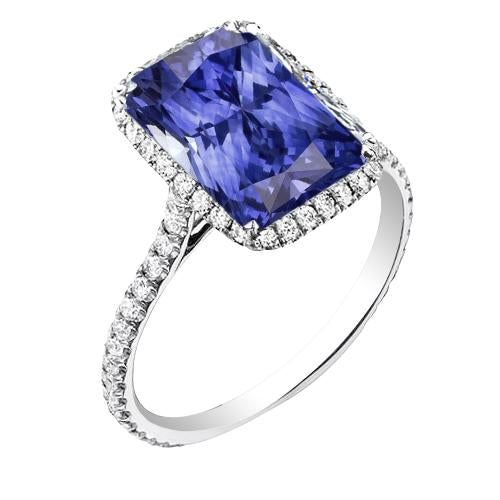 Women Radiant Halo Blue Sapphire Ring 4 Carats Accent Diamonds