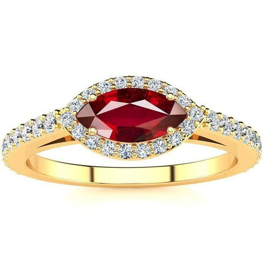 Women Red Marquise Cut Ruby Diamond Ring 3.50 Carats Yellow Gold 14K