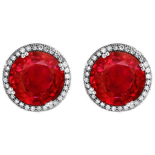 Women Red Round Cut Ruby Diamond Stud Earring 9.28 Carats Gold 14K