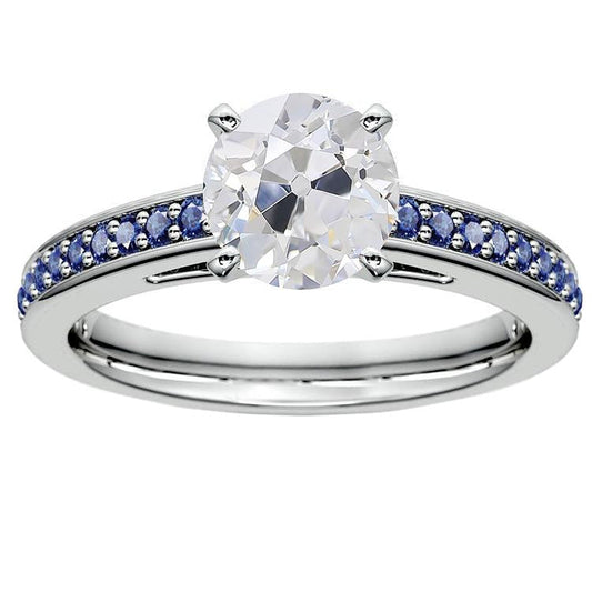 Women Round Old Miner Diamond Blue Sapphire Ring 4.50 Carats