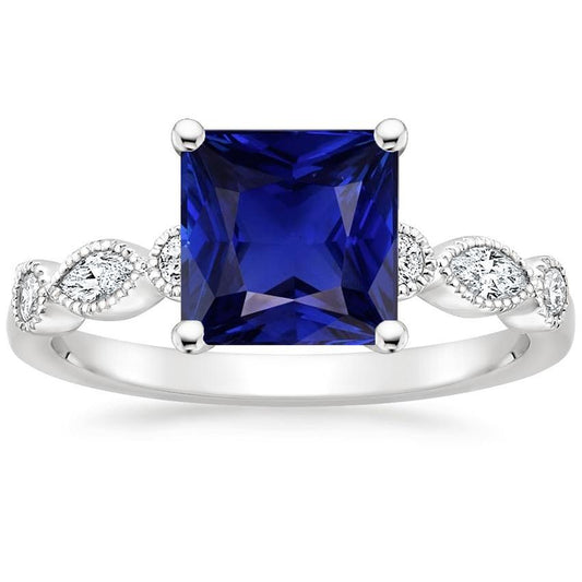 Women Solitaire Blue Sapphire Ring With Accents Vintage Style 6 Carats
