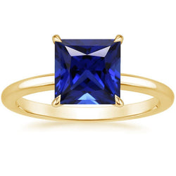 Women Solitaire Ring Princess Sri Lankan Sapphire Yellow Gold 5 Carats