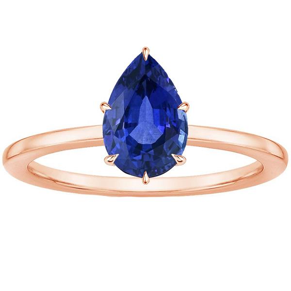 Women Solitaire Ring Rose Gold Pear Ceylon Sapphire Prong Set 4 Carats