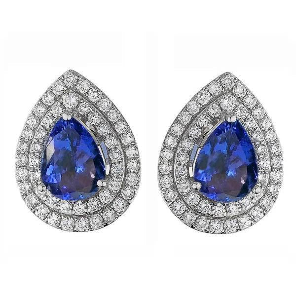 Women Stud Pave Halo Earrings 3.96 Carats Blue Tanzanite & Diamonds