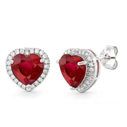 Women Studs Earrings Halo 7.50 Ct. Ruby And Diamonds White Gold 14K