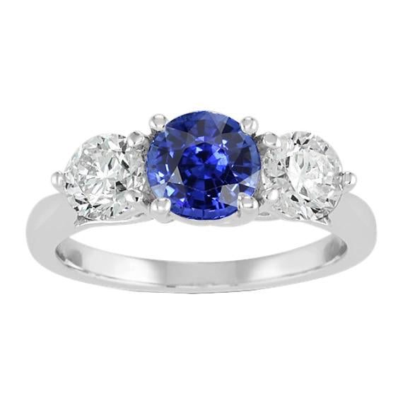 Women Three Stone Round Natural Blue Sapphire Ring 2 Carats Diamonds