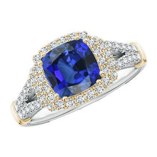 Women Two Tone Diamond Ring Cushion Blue Sapphire Gold 14K 3.25 Carats
