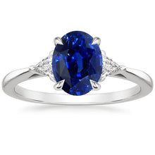 Womens 3 Stone Oval Blue Sapphire & Trillion Cut Diamond Ring 3 Carats