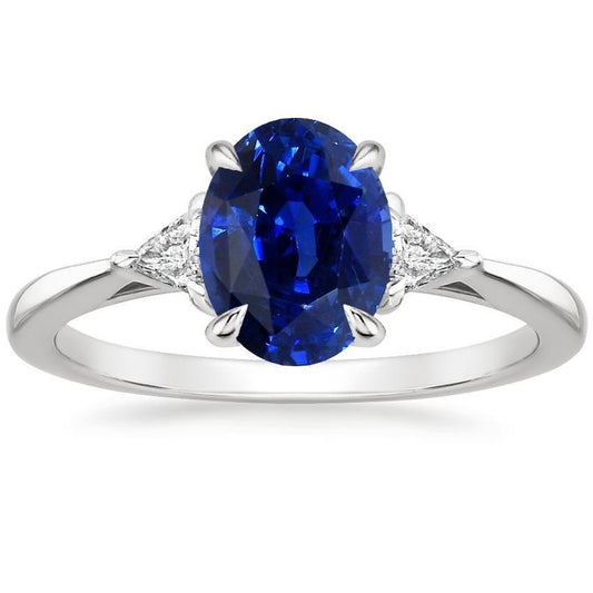 Womens 3 Stone Oval Blue Sapphire & Trillion Cut Diamond Ring 3 Carats