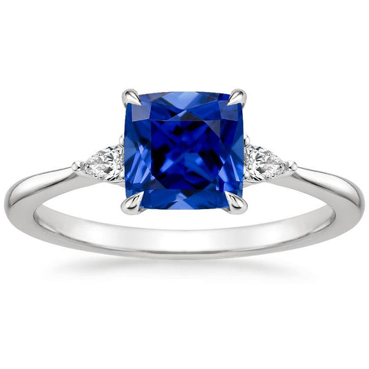 Womens 3 Stone Pear Diamond & Cushion Blue Sapphire Ring 2.50 Carats