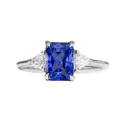 Women's 3 Stone Radiant Sapphire Ring & Trillion Natural Earth Mined Diamonds 2.25 Carats