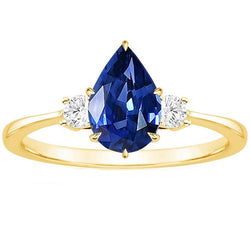 Women's 3 Stone Ring Round Natural Earth Mined Diamond & Pear Ceylon Sapphire 6.20 Carats