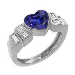 Womens Baguette Diamond Heart Blue Sapphire Ring Bezel Set 2.50 Carats