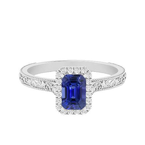 Women's Diamond Halo Ring 2 Carats Srilankan Sapphire Gold Filigree