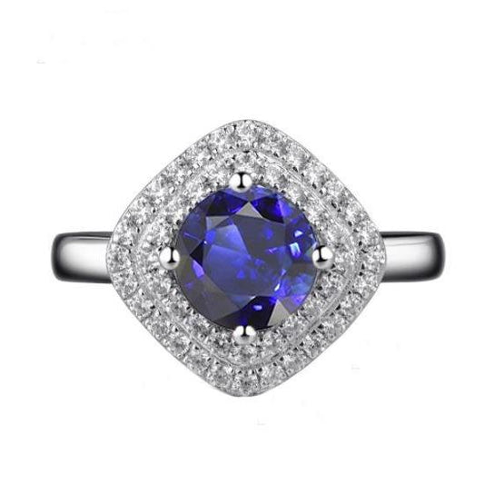 Womens Diamond Ring 3 Carats Round Sapphire Cushion Shaped Double Halo