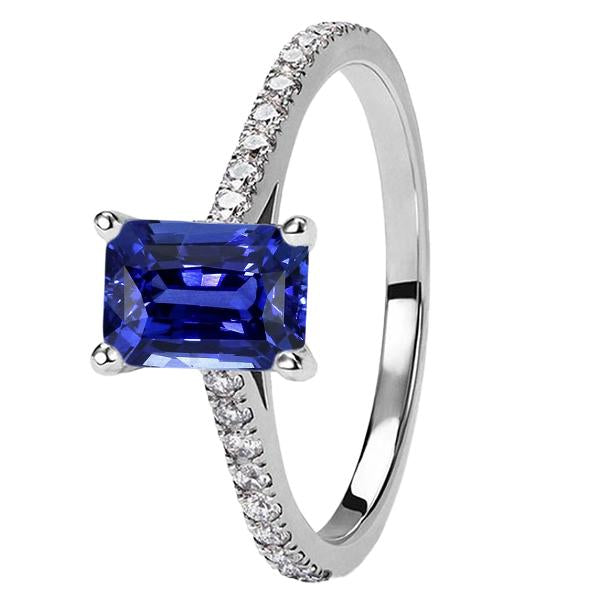 Women's Diamond Ring Emerald Sapphire White Gold 3 Carats Pave Set 14K