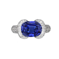 Women's Diamond Ring Oval Blue Sapphire 4 Carats Gold 14K Jewelry