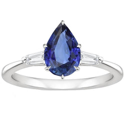Women's Diamond Ring Pear Blue Sapphire & Baguettes 6.75 Carats Gold