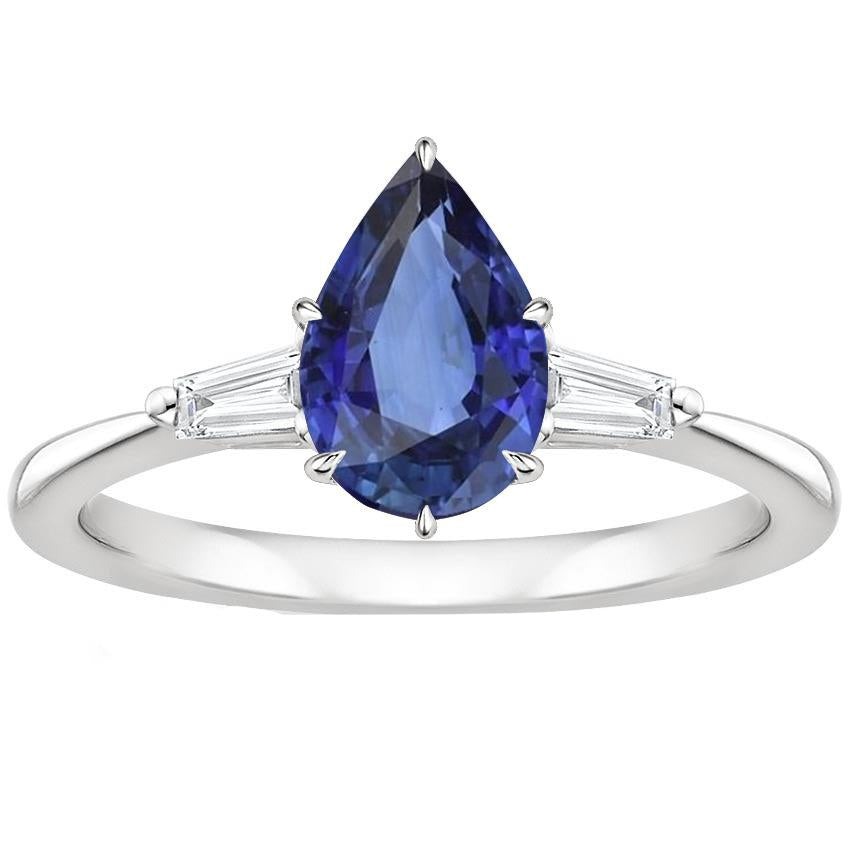 WomenÃ¢â‚¬â„¢s Diamond Ring Pear Blue Sapphire & Baguettes 6.75 Carats Gold