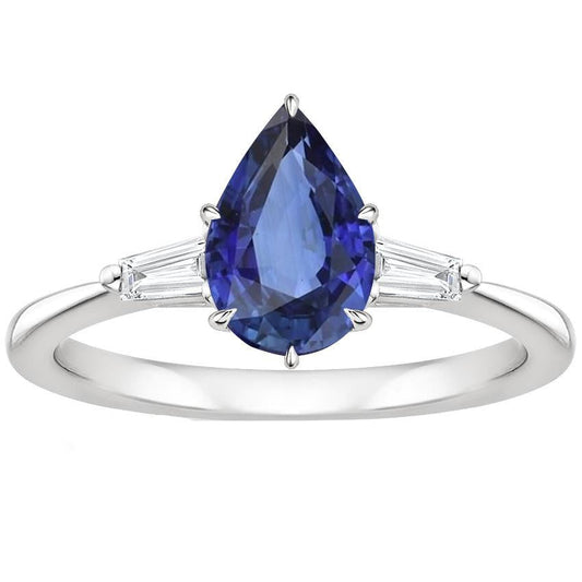 WomenÃ¢â‚¬â„¢s Diamond Ring Pear Blue Sapphire & Baguettes 6.75 Carats Gold