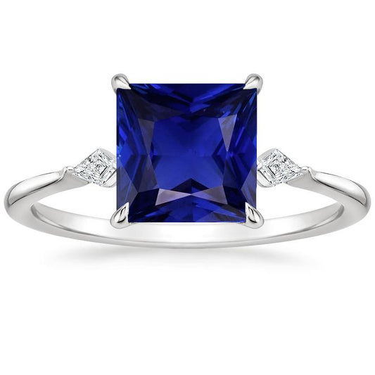 Women's Diamond Ring Princess Blue Sapphire 5.25 Carats White Gold