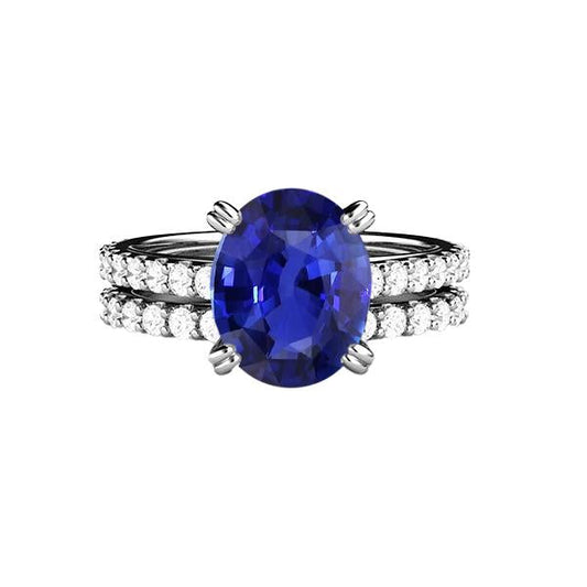 Women's Gold Diamond & Oval Blue Sapphire Wedding Ring Set 4.50 Carats