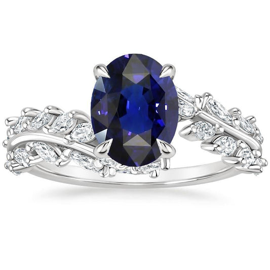 Womens Gold Ring Oval Ceylon Sapphire With Marquise Diamonds 4 Carats
