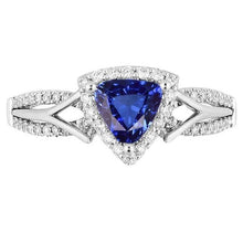 Women's Halo Diamond Ring 3 Carats Trillion Blue Sapphire Split Shank
