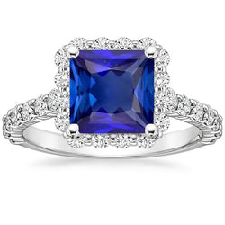 Women's Halo Diamond Ring Ceylon Sapphire Stone & Accents 6.50 Carats