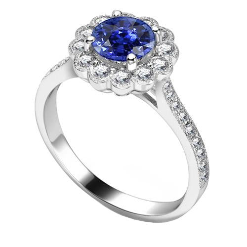 Womens Halo Flower Style Blue Sapphire Ring 3 Carats Cathedral Setting