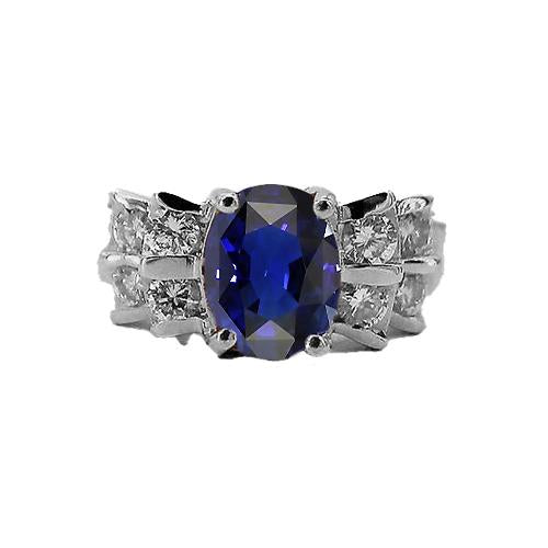Women's Oval Blue Sapphire Wedding Ring 2.50 Carats Bar Set Diamonds