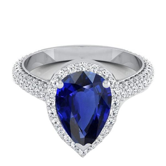 Women's Ring Halo Ceylon Sapphire & Pave Set Round Diamonds 4 Carats