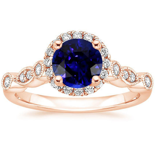 Womens Ring Round Blue Sapphire & Diamonds 4 Carats Milgrain Rose Gold