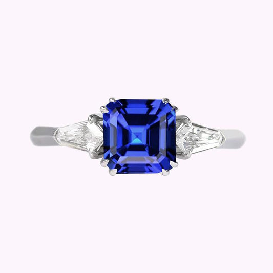 Womens Sapphire Ring Asscher Cut 2.50 Carats Tapered Baguette Diamonds