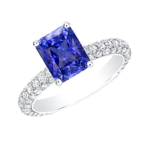 Women's Sapphire Ring Radiant Cut 3.50 Carats Multi Row Pave Diamonds