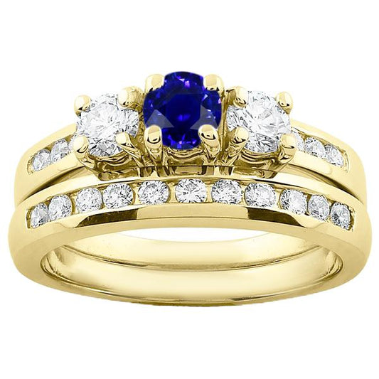 Women's Yellow Gold Diamond Sapphire Engagement Ring Set 2 Carats