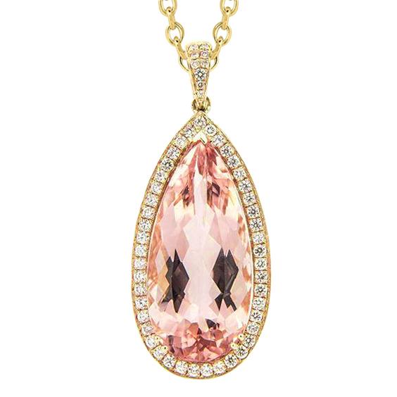 Yellow Gold 14K 16 Ct Big Morganite With Diamonds Pendant Necklace