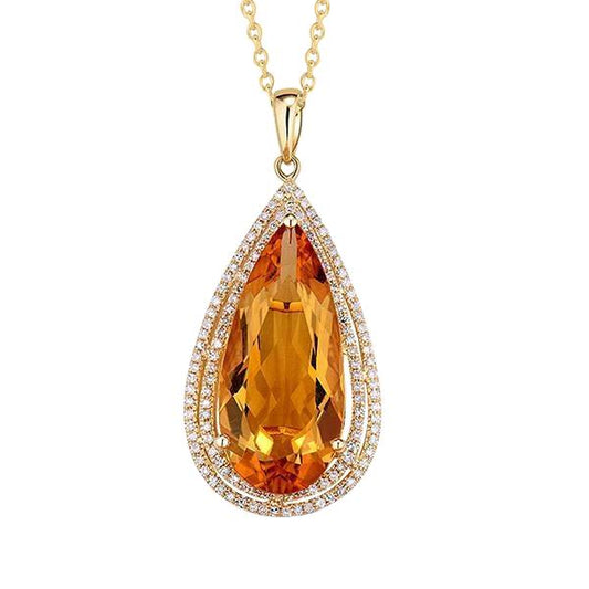 Yellow Gold 14K Pear Citrine With Round Diamonds 21 Carats Pendant