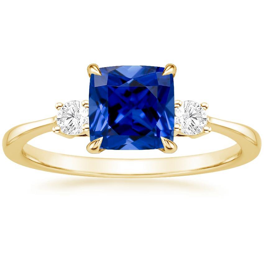 Yellow Gold 3 Stone Ring Diamond And Cushion Blue Sapphire 2.50 Carats