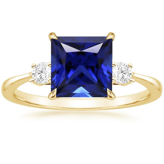 Yellow Gold 3 Stone Ring Princess Blue Sapphire & Diamonds 5.25 Carats
