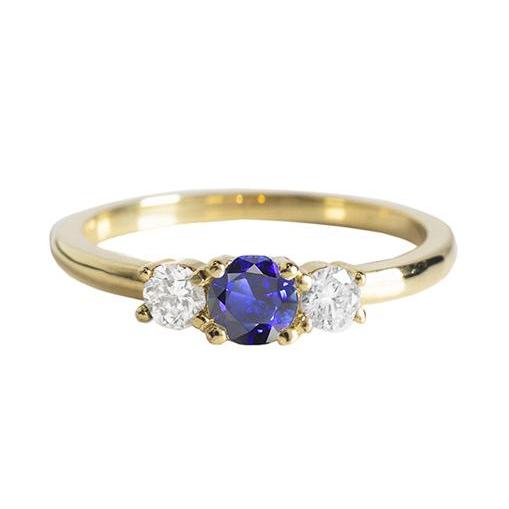 Yellow Gold 3 Stone Ring Round Blue Sapphire & Diamonds 1.50 Carats