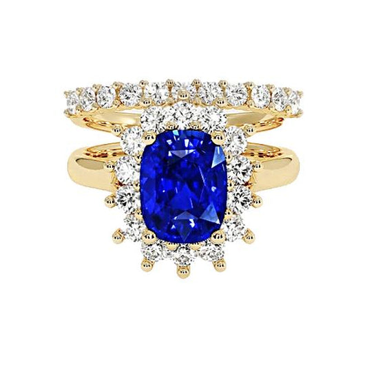Yellow Gold Ceylon Sapphire Ring Set With Diamond Accents 7.50 Carats