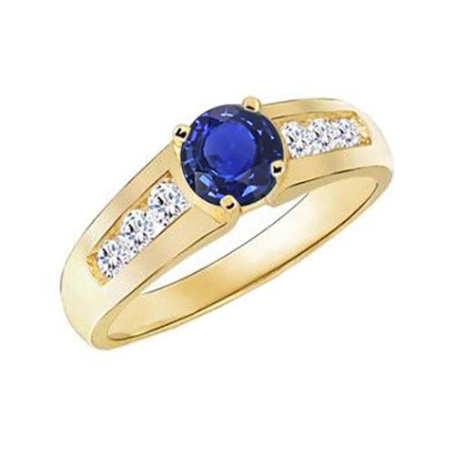 Yellow Gold Diamond Anniversary Ring Deep Blue Sapphire 1.75 Carats