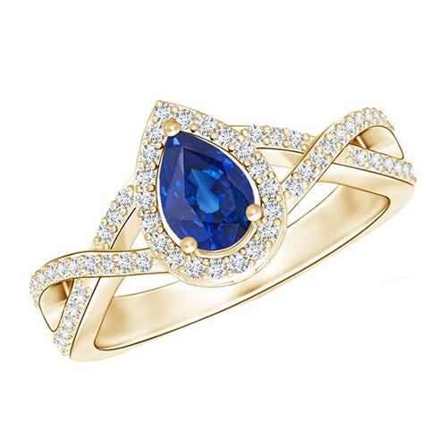 Yellow Gold Diamond Halo Ring Center Pear Ceylon Sapphire 4 Carats 14K