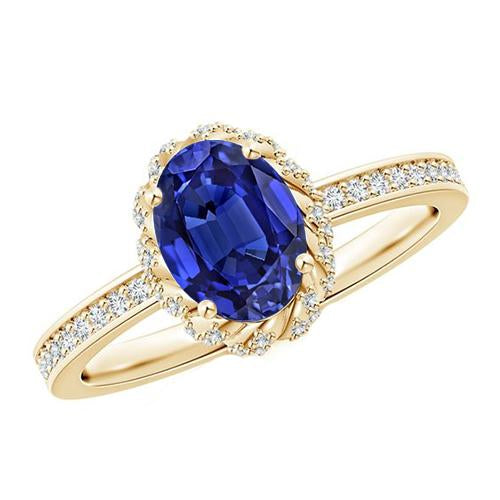 Yellow Gold Diamond Halo Ring Oval Cut Ceylon Sapphire New 5.50 Carats