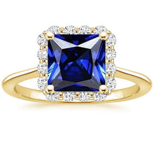 Yellow Gold Diamond Halo Ring With Princess Cut Blue Sapphire 6 Carats