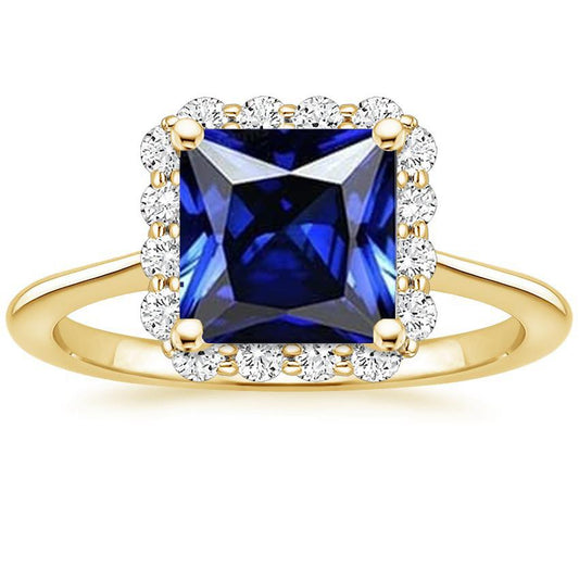 Yellow Gold Diamond Halo Ring With Princess Cut Blue Sapphire 6 Carats