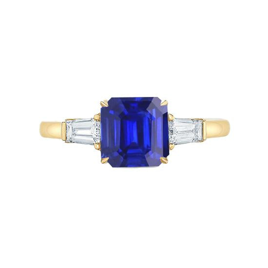 Yellow Gold Diamond Ring 2 Carats Asscher Cut Ceylon Sapphire 3 Stone