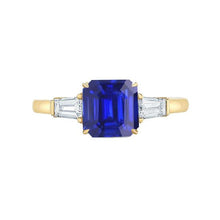 Yellow Gold Diamond Ring 2 Carats Asscher Cut Ceylon Sapphire 3 Stone