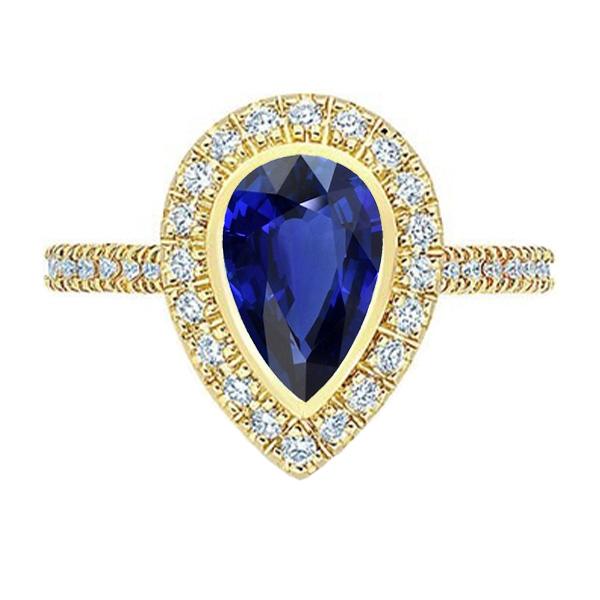 Yellow Gold Halo Pear Srilanka Sapphire Ring & Diamonds 4 Carats